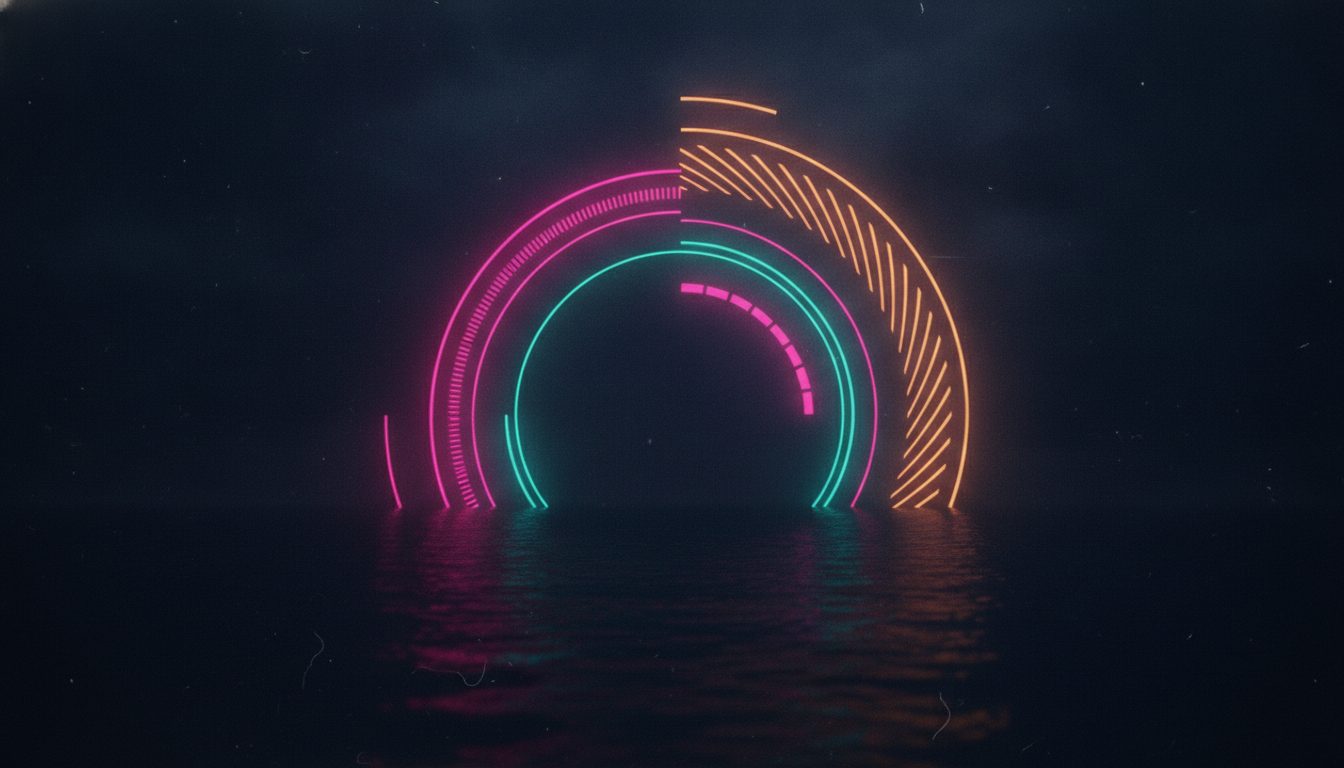 Editorial illustration of concentric neon clock rings rising from a dark ocean