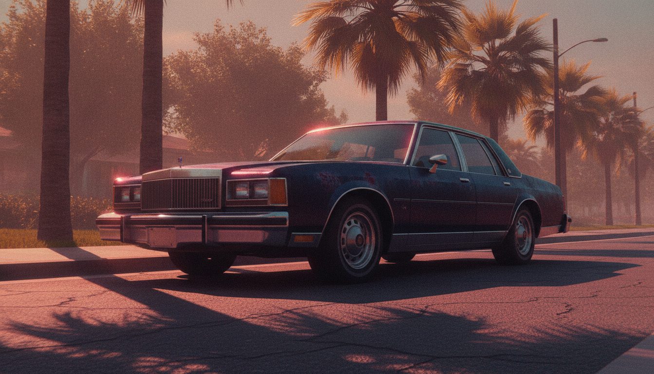 Editorial illustration of a mid-size American sedan on a sunlit street