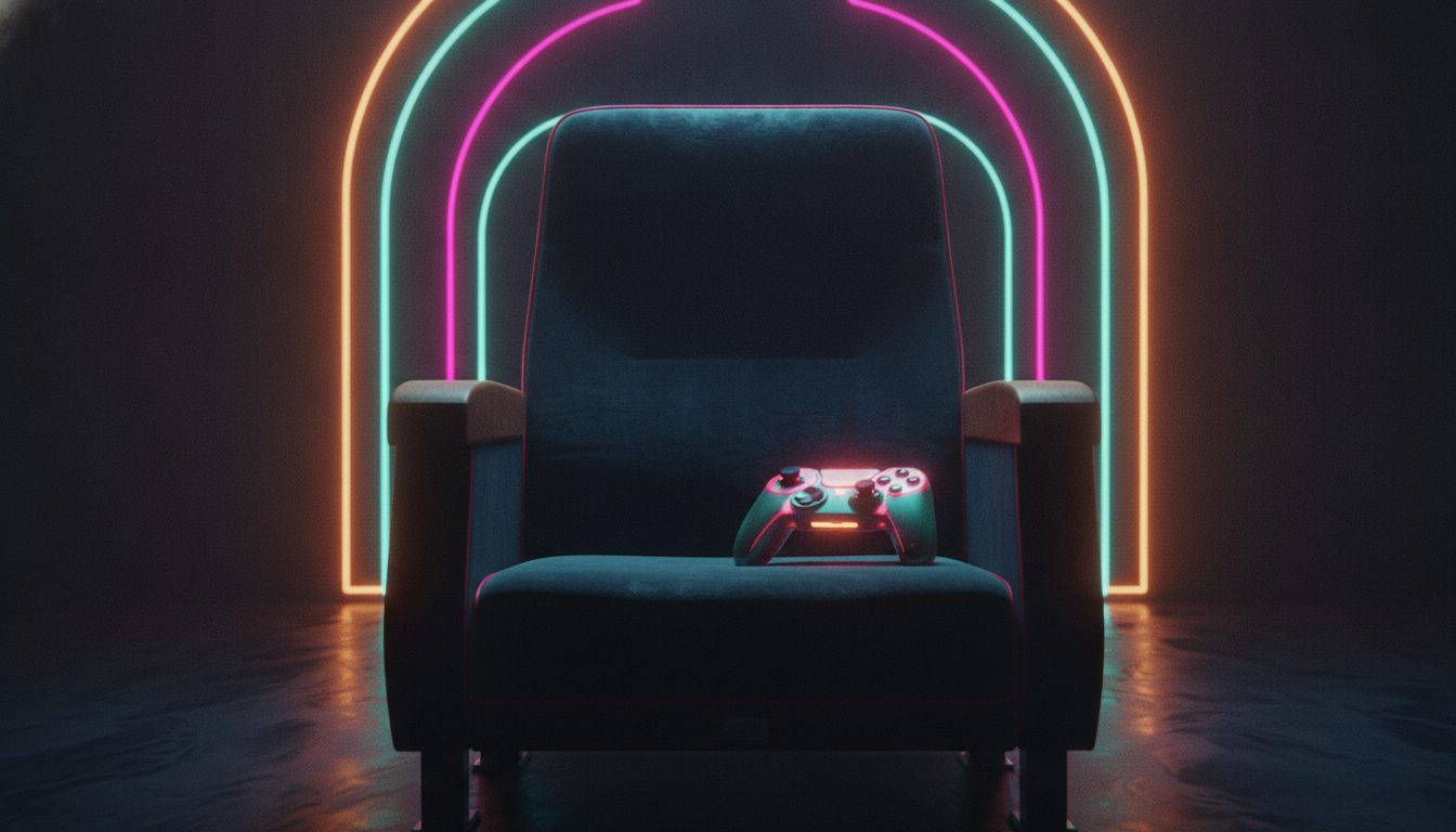 Editorial illustration: An empty cinema seat with a games controller resting on it