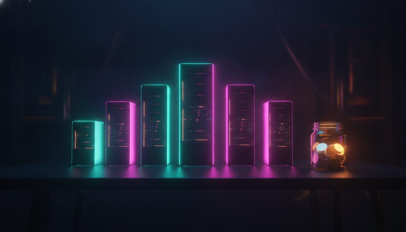 Editorial illustration: A row of small glowing server towers on a desk beside a jar of coins