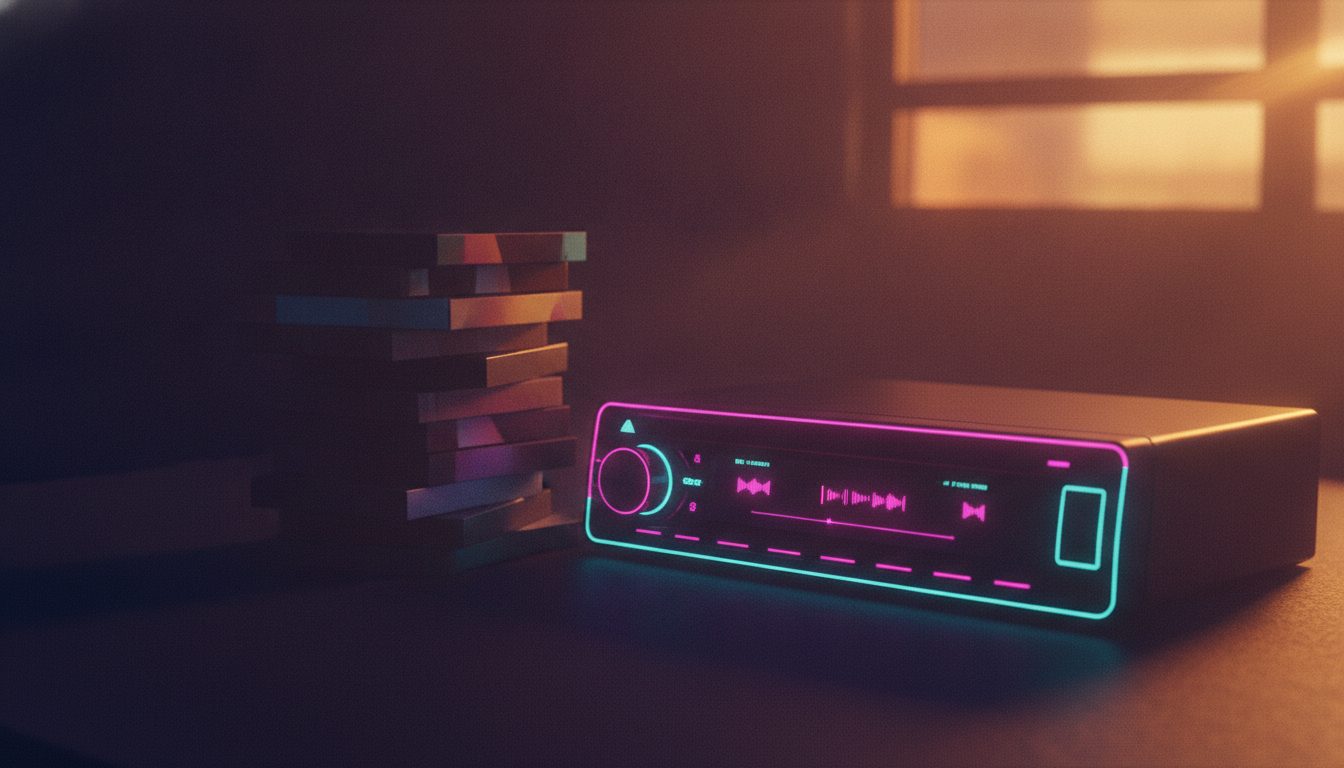 Editorial illustration: A modern car stereo beside a stack of old cassette tapes