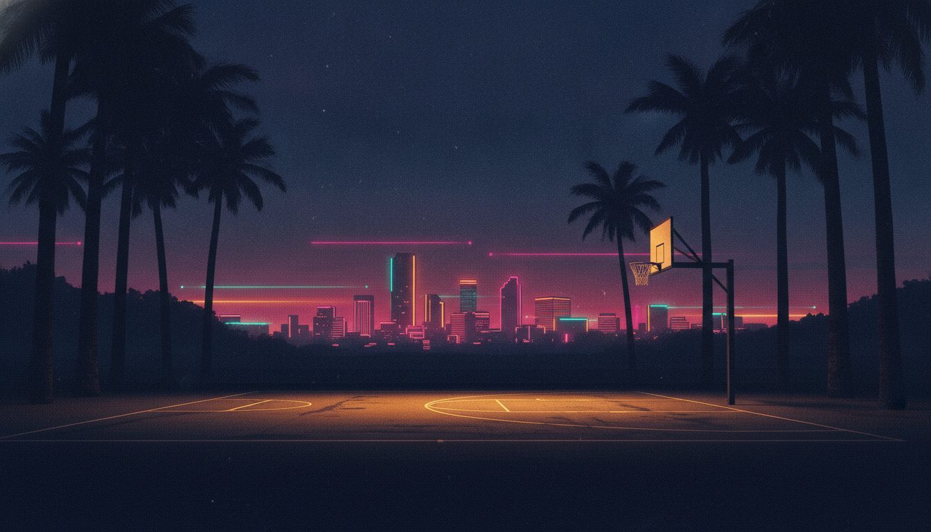 Editorial illustration: An outdoor basketball court at dusk beside palm trees with a distant neon skyline