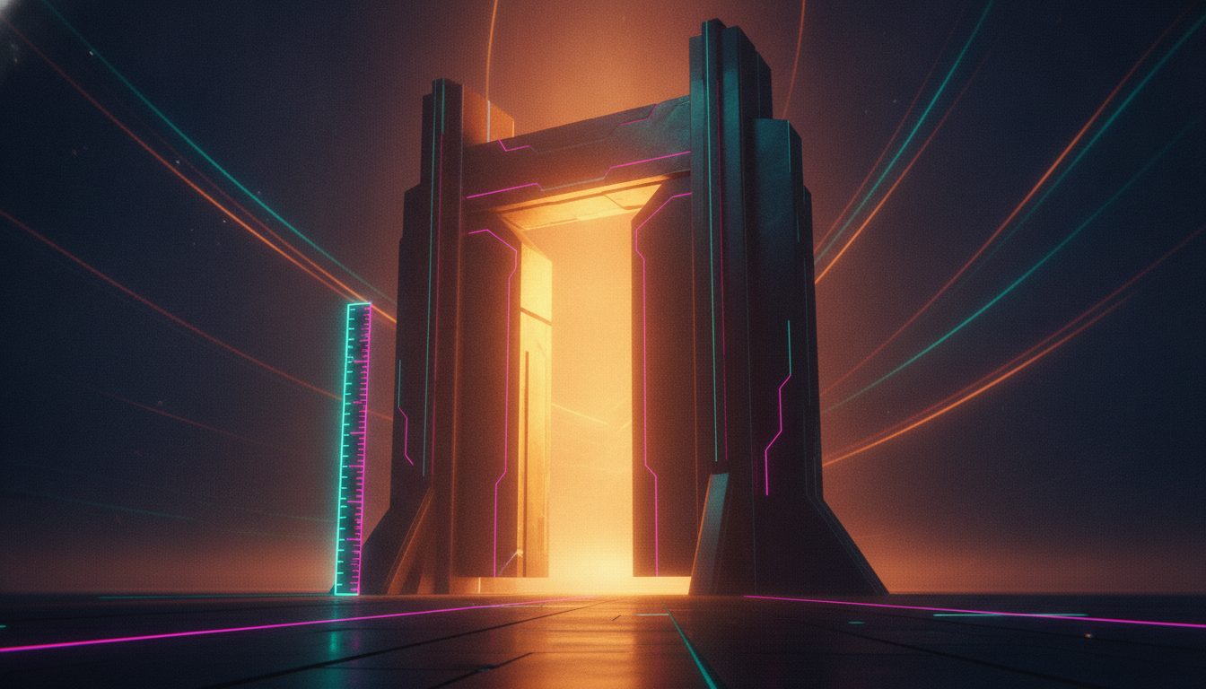Editorial illustration: A tall illuminated gate with a warm glow beyond it