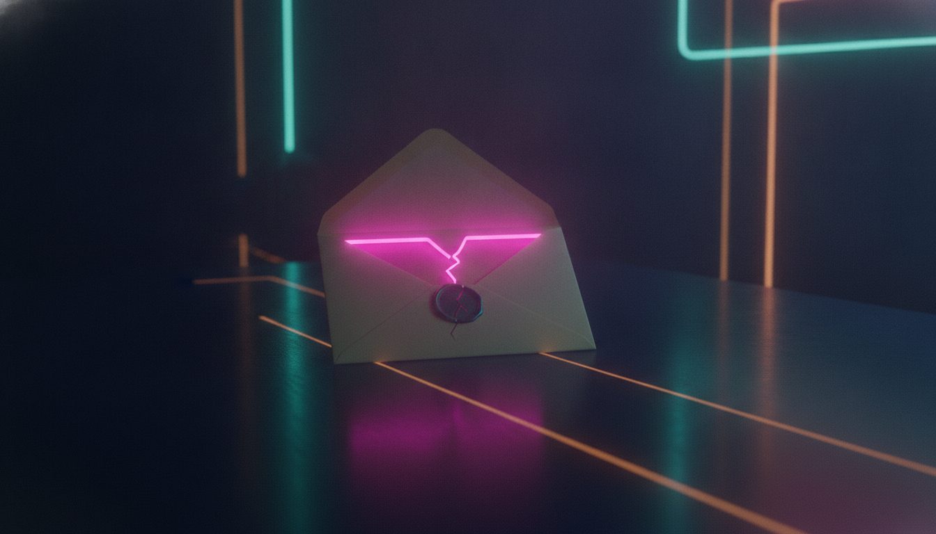 Editorial illustration: A pristine envelope glowing with neon light on a dark desk