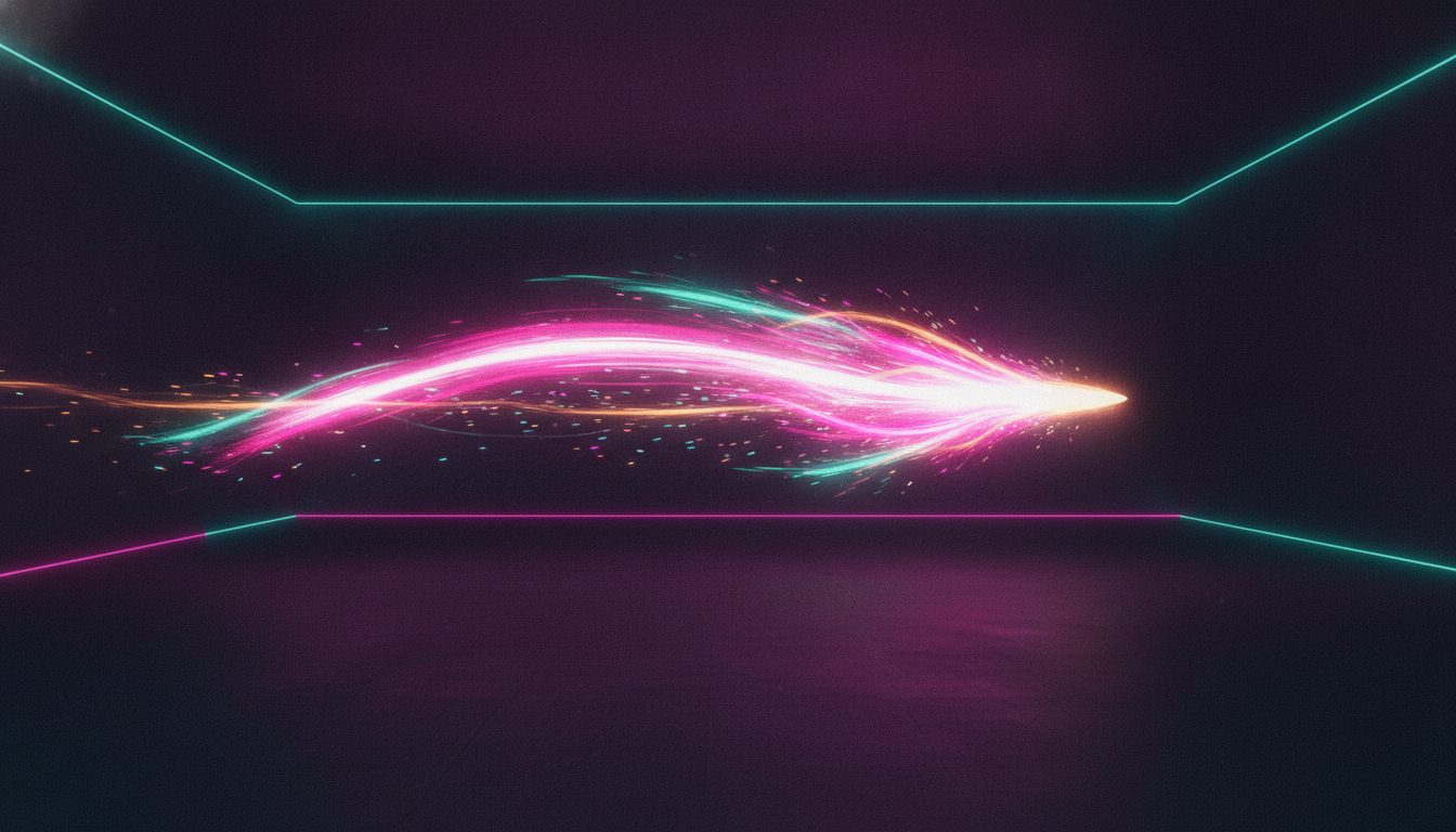 Editorial illustration: Abstract motion-blur streak of light across a dark interior suggesting bullet time