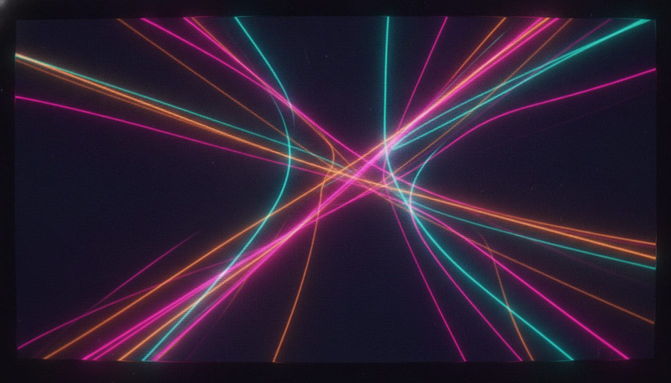 Editorial illustration: Extreme close-up of a television panel showing abstract neon light patterns
