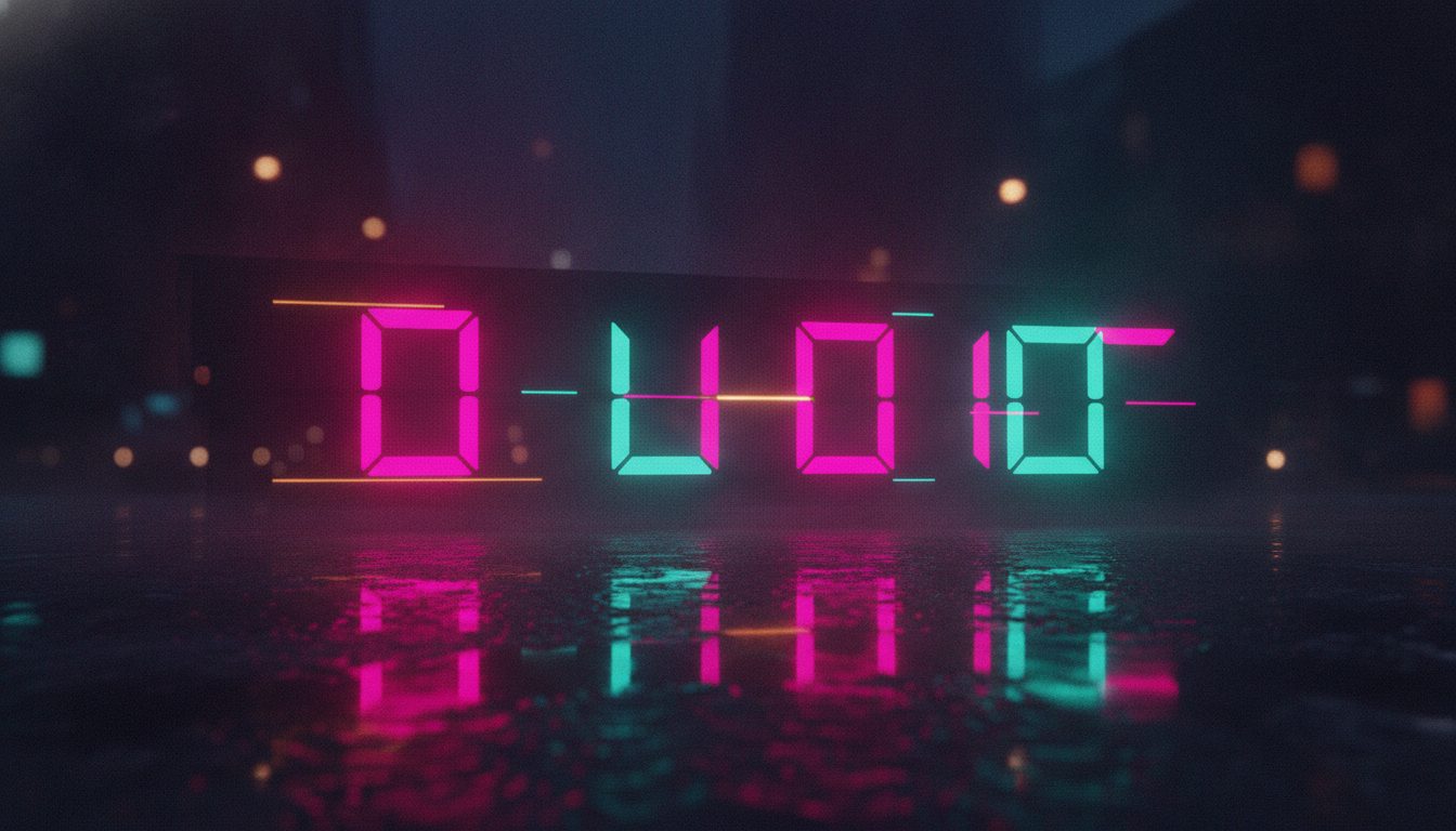 Editorial illustration: Neon digital countdown display reflected in wet asphalt at night