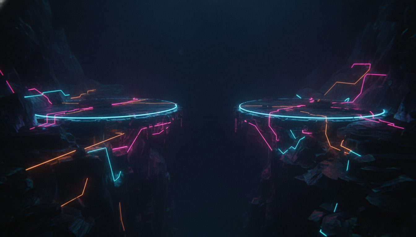 Editorial illustration: Two separate glowing platforms facing each other across a dark gap with no bridge between them