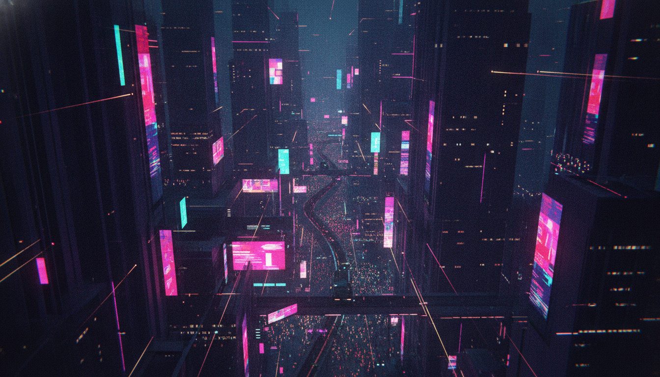 Editorial illustration: A crowded city street at night seen from above with countless screens and neon signs glowing