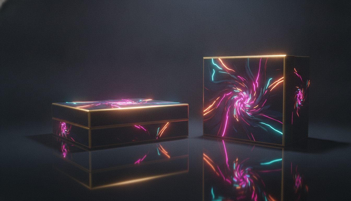 Editorial illustration: Two premium product boxes on a dark reflective surface with dramatic side lighting