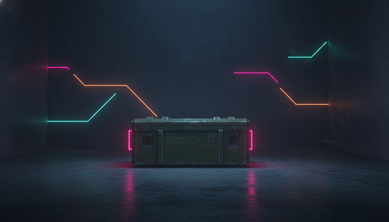 Editorial illustration: A closed olive-drab equipment crate with worn stencilled edges in a dim concrete room