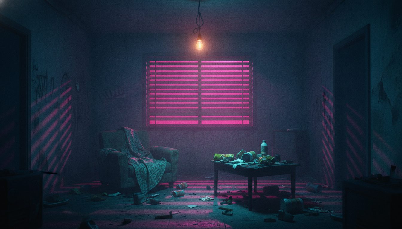 Editorial illustration: A dim trap-house interior lit by a single bare bulb and pink exterior neon through blinds