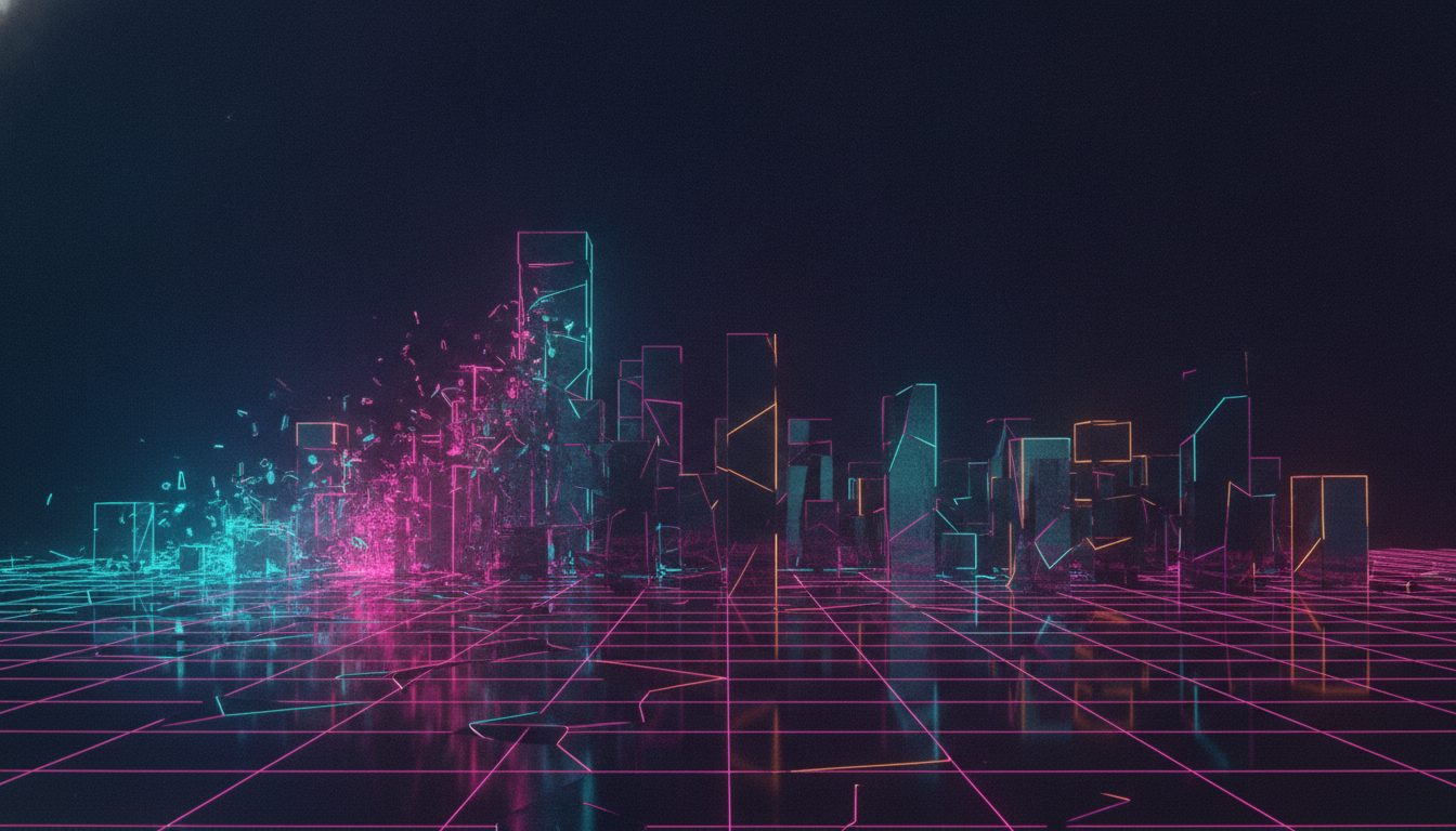 Editorial illustration: Abstract wireframe of a city grid dissolving into rendered detail
