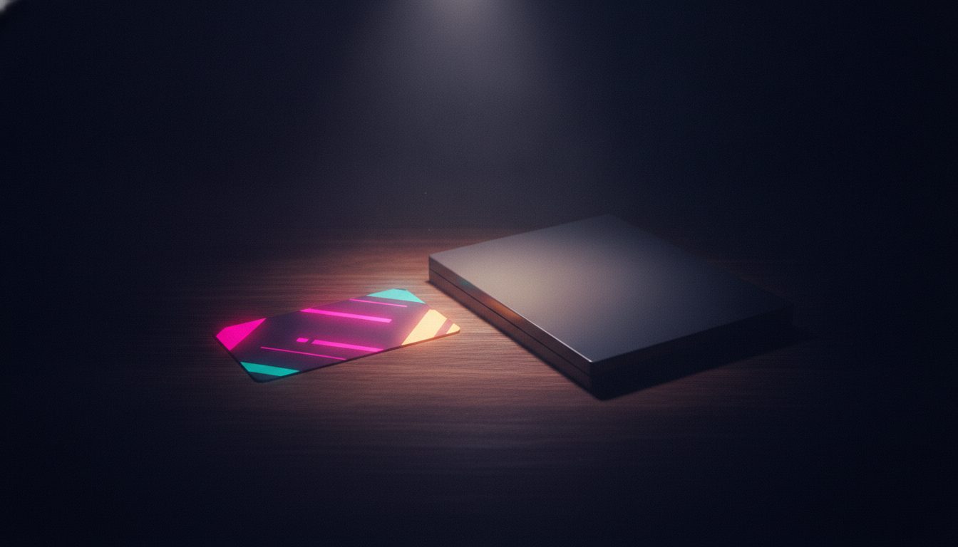 Editorial illustration: A subscription card lying face down beside a game case on a dark table