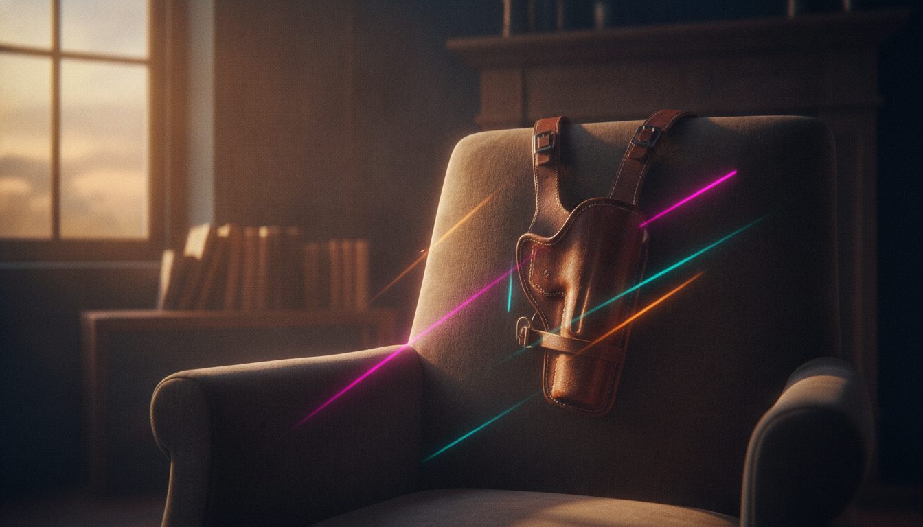 Editorial illustration: An empty leather shoulder holster hanging on a chair in warm evening light