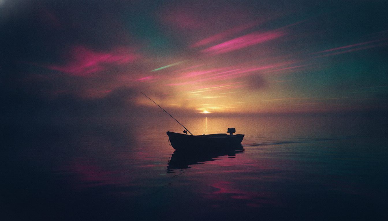 Editorial illustration: A small skiff on still water at dawn with mist rising