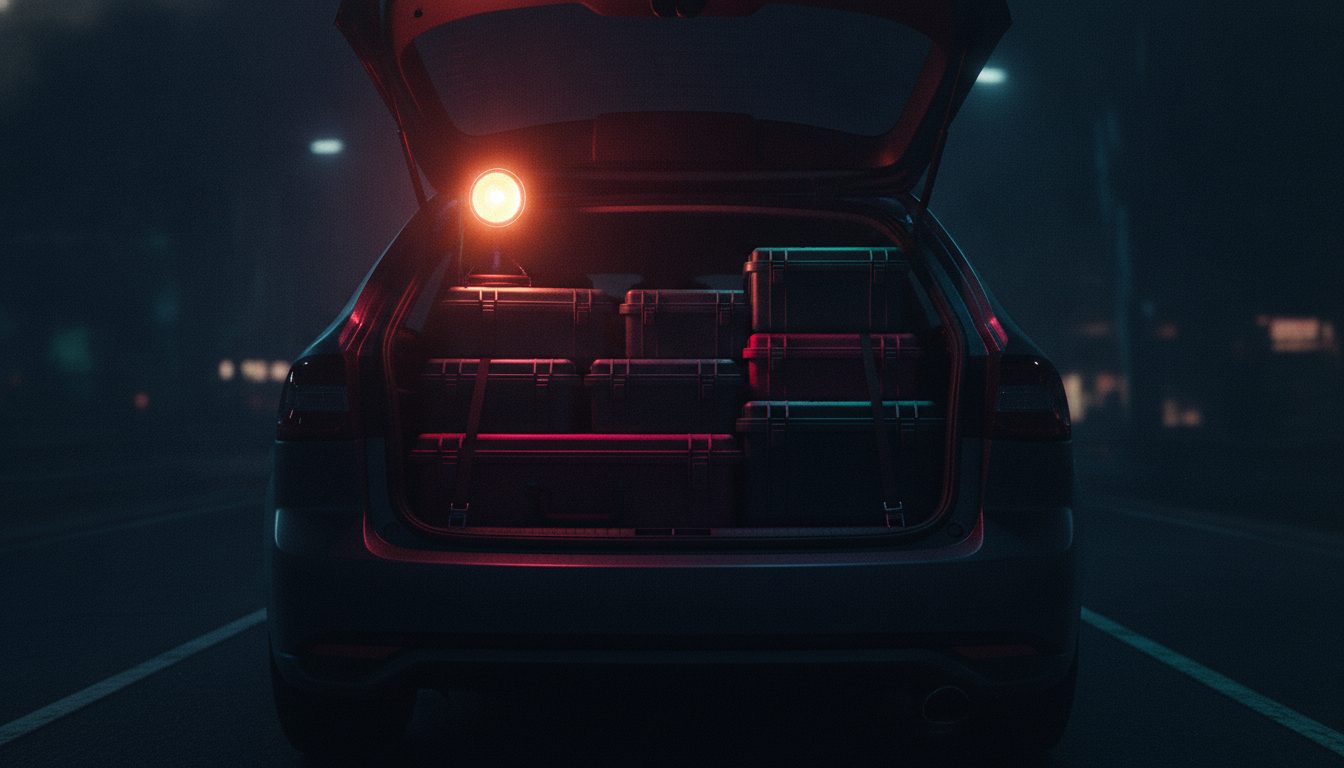Editorial illustration: An open car trunk at night containing neatly arranged dark equipment cases