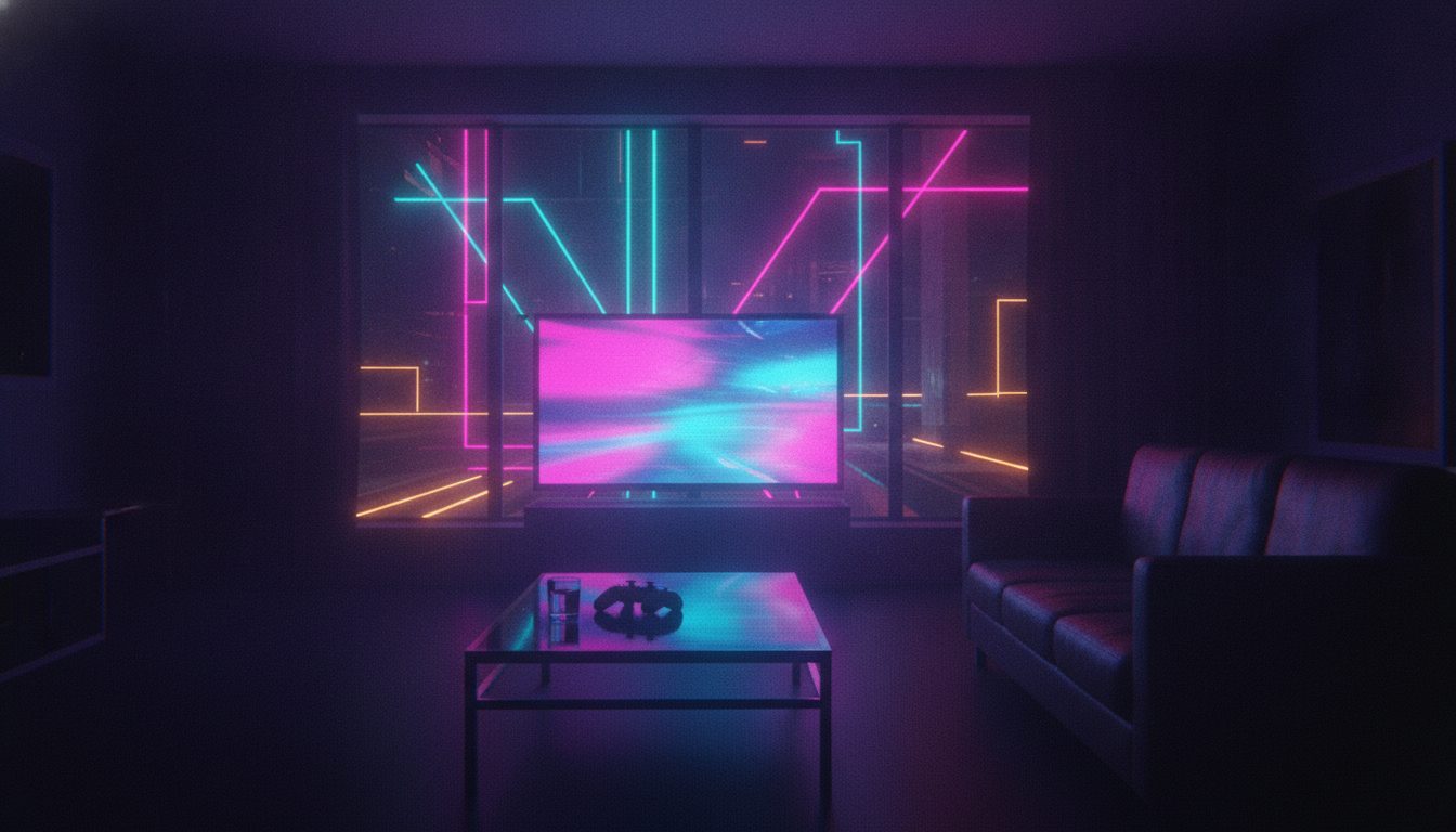 Editorial illustration: An empty living room at night lit only by a television glow and neon window light