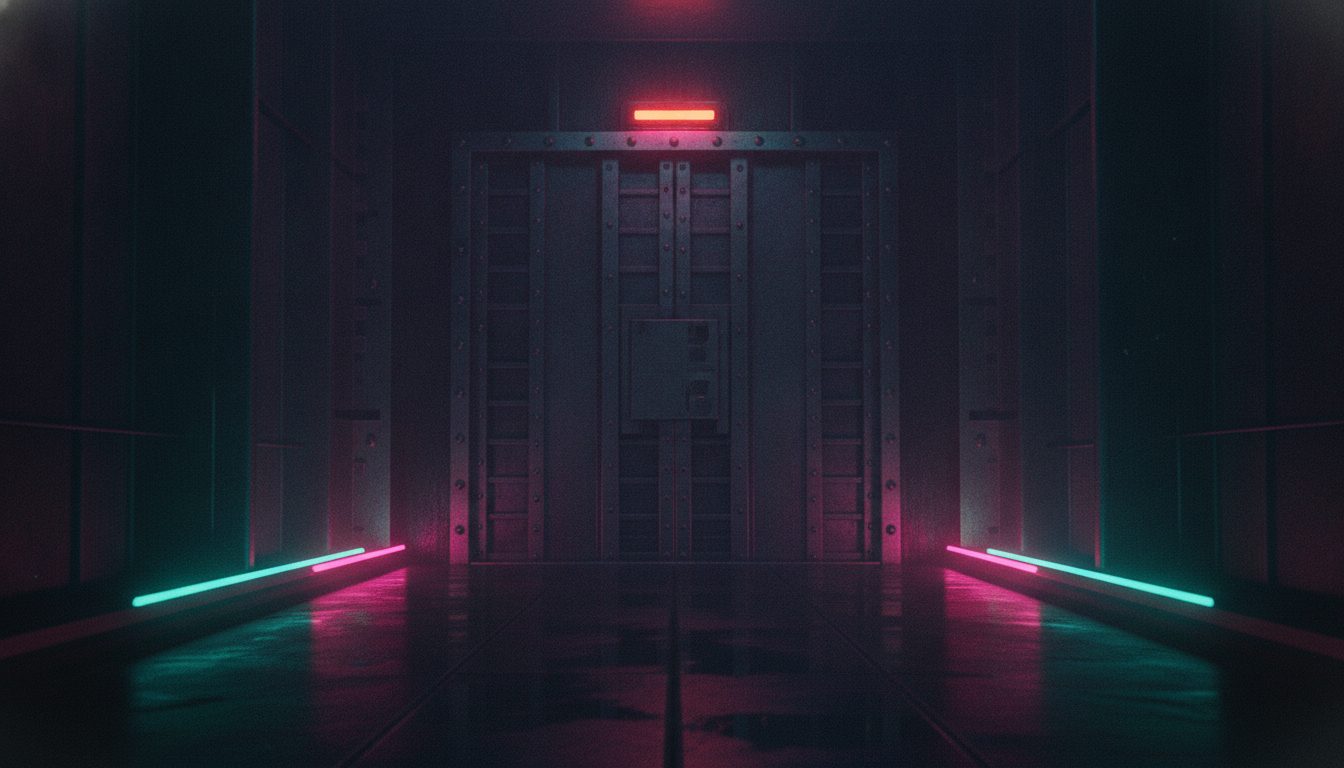 Editorial illustration: A closed steel door with a single warning light above it in a dark corridor