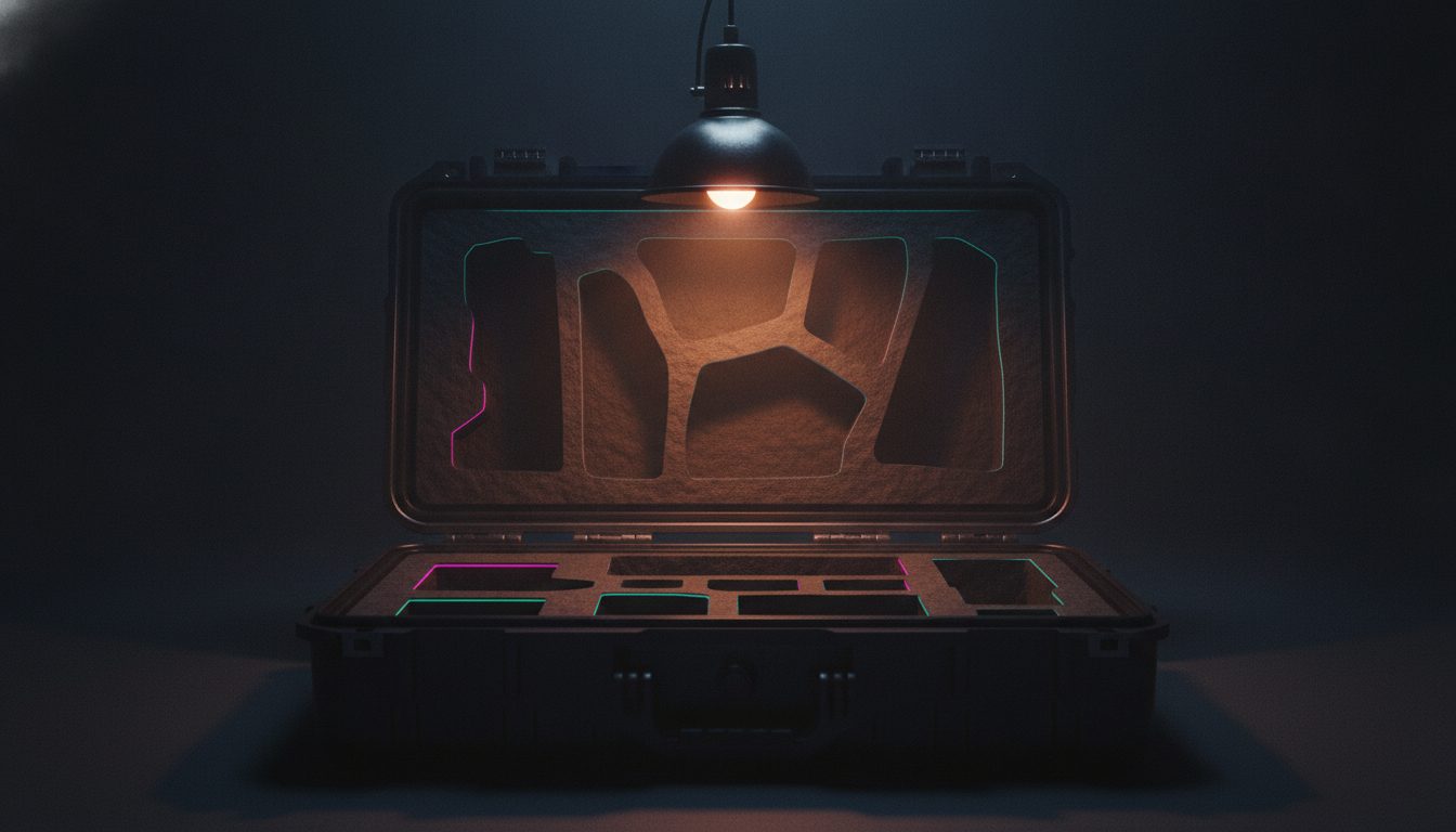 Editorial illustration: An open equipment case lined with dark foam cut-outs