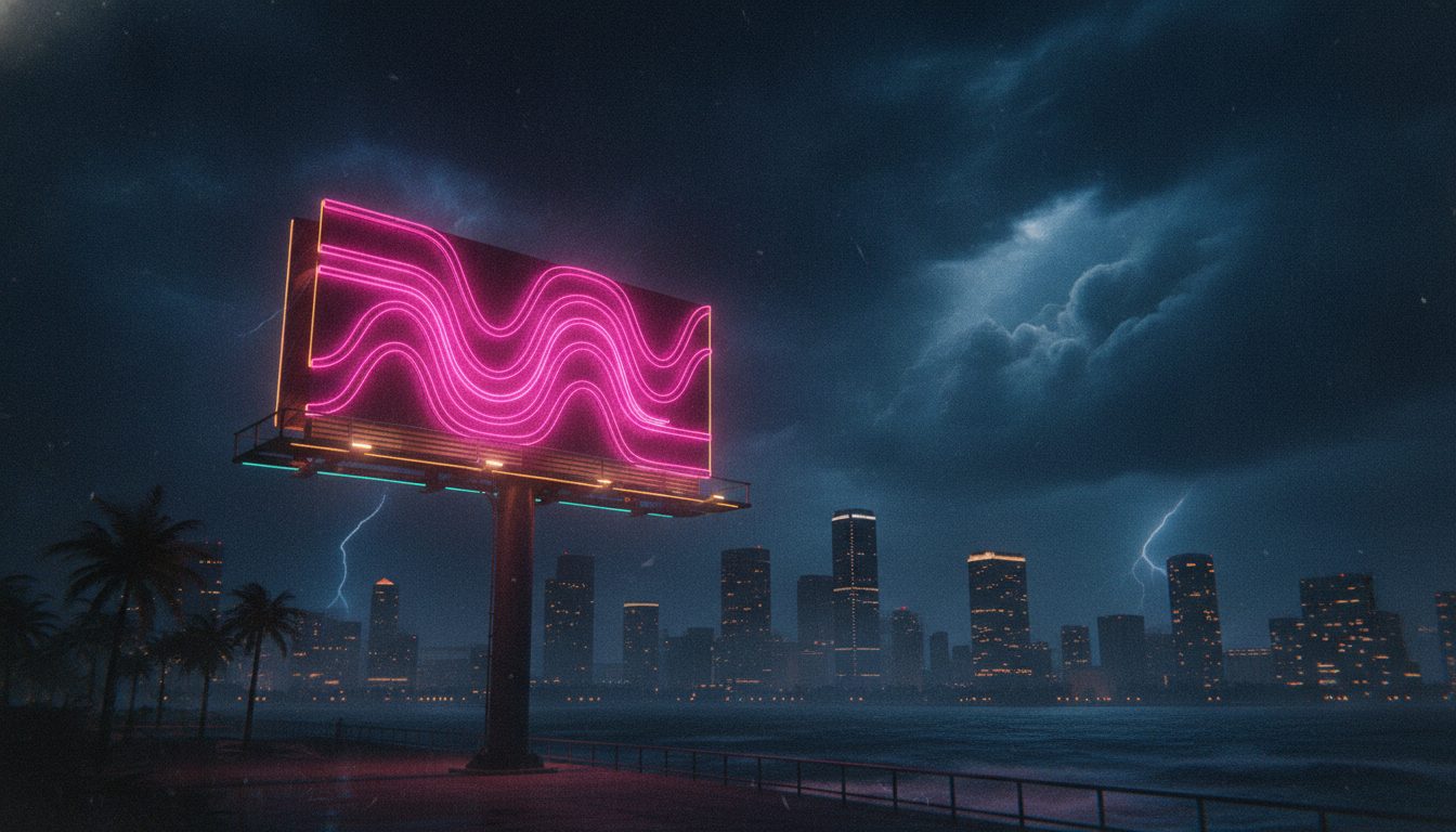 Editorial illustration: A single billboard glowing against a dark stormy Miami skyline