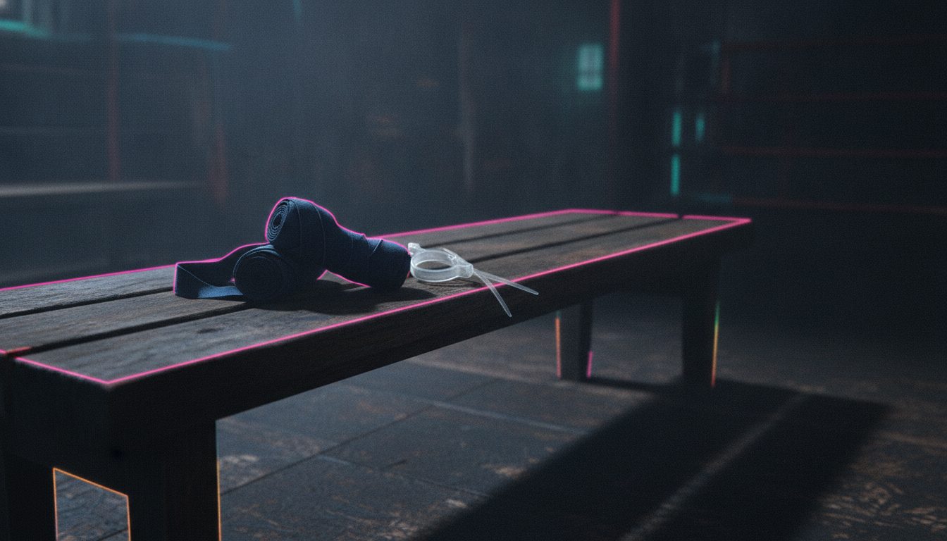 Editorial illustration: A pair of worn boxing wraps and plastic restraints resting on a wooden bench in a dim gym