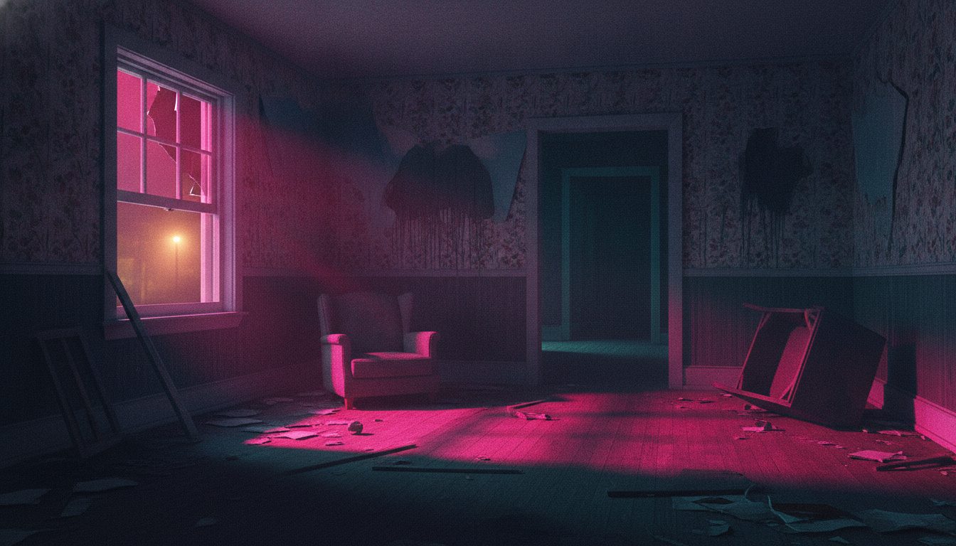 Editorial illustration: An abandoned suburban house interior with peeling wallpaper lit by police lights through a window