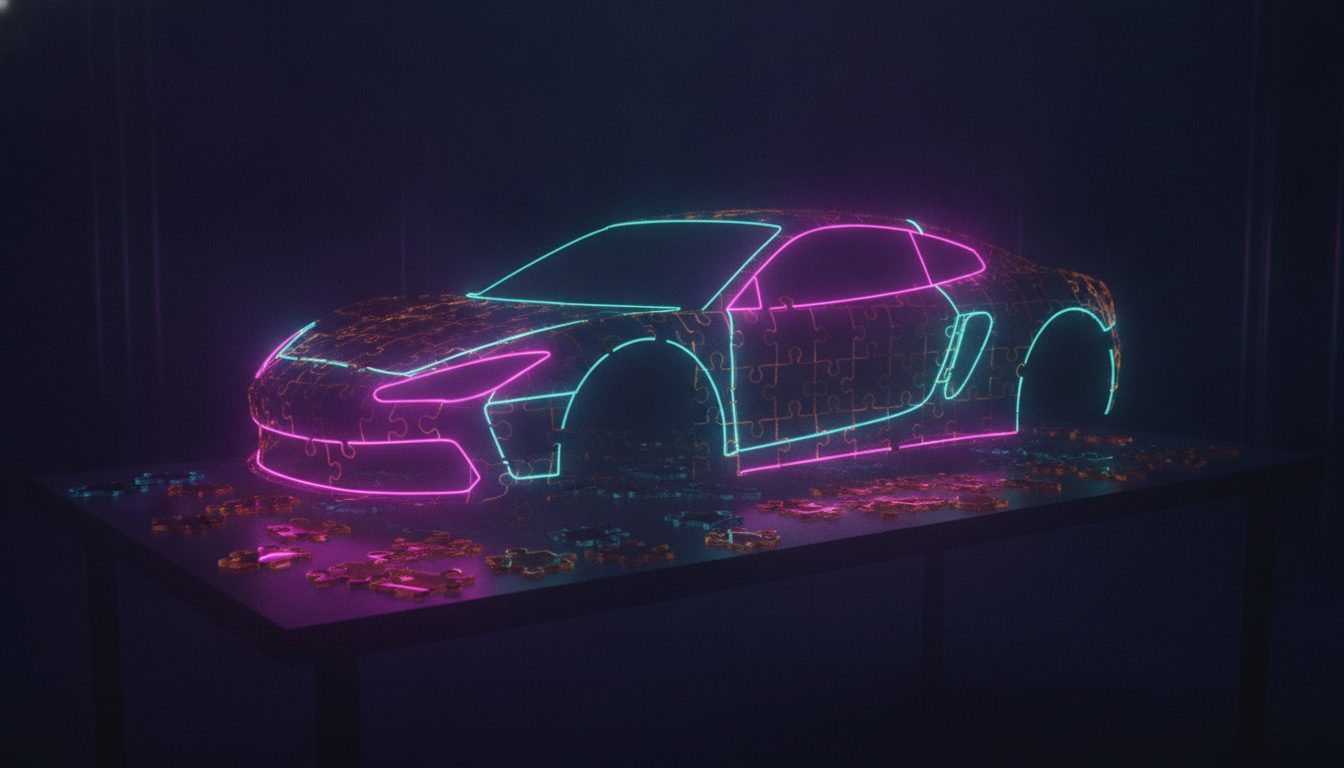 Editorial illustration: A workbench covered in glowing translucent puzzle pieces being fitted into the silhouette of a sports car