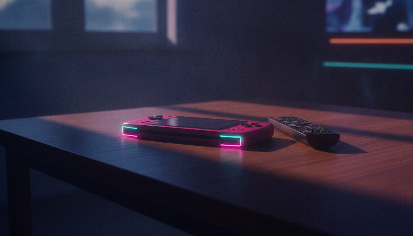 Editorial illustration: A handheld games console face down on a table beside a television remote