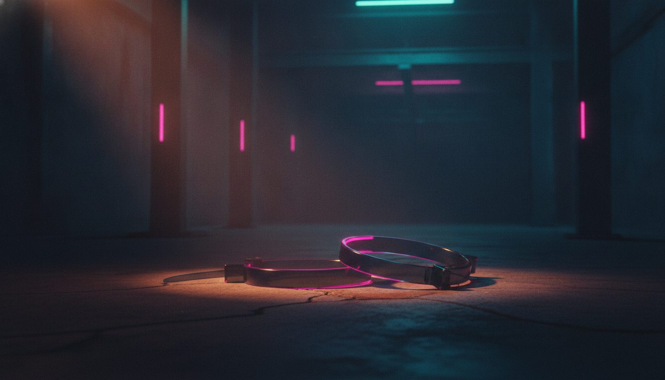 Editorial illustration: A pair of plastic restraints resting on a concrete floor in a shaft of light