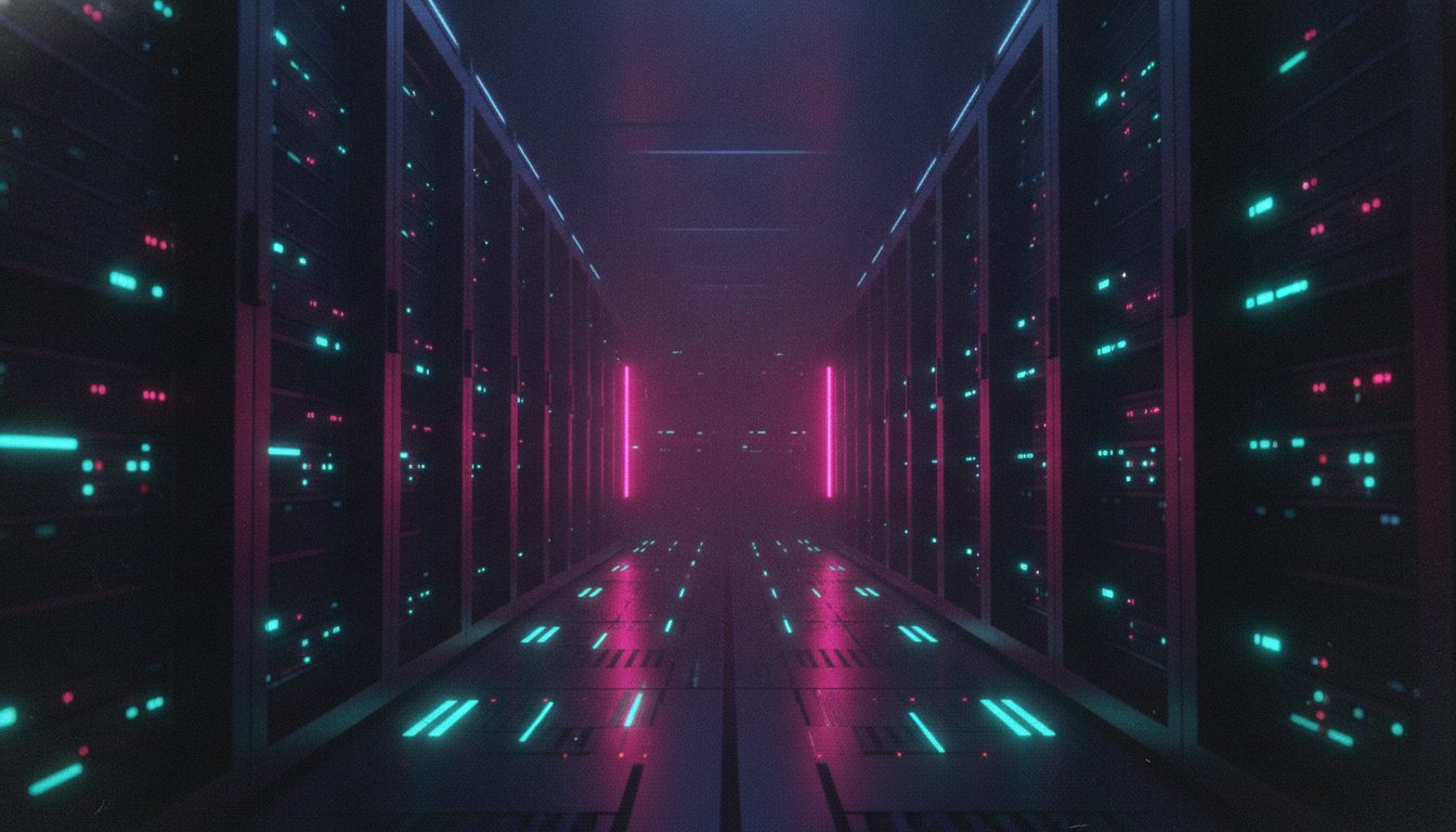 Editorial illustration: A dark server-room corridor with rows of glowing indicator lights fading into distance