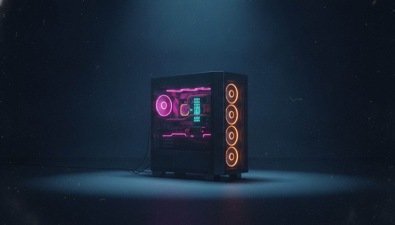 Editorial illustration: A dark desktop PC case with glowing internals in an empty room