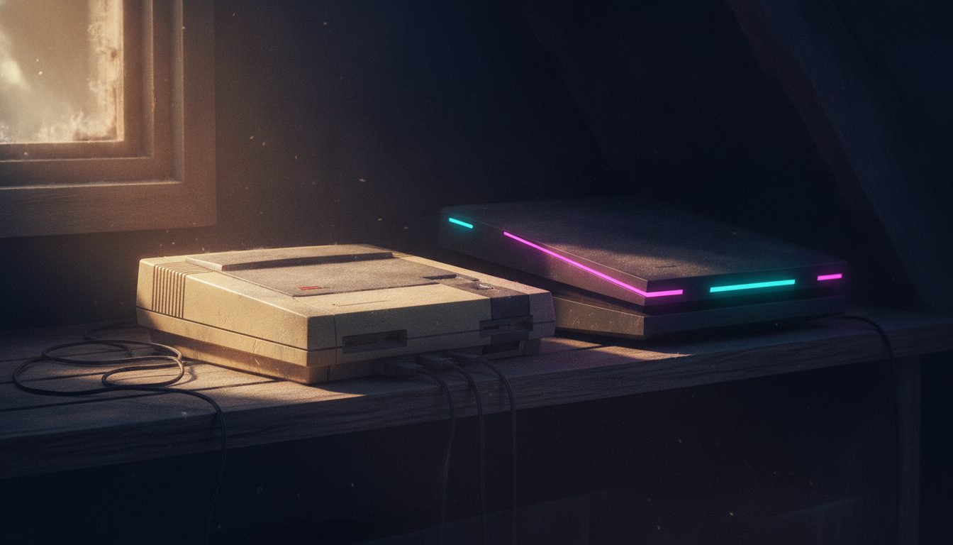 Editorial illustration: An old console gathering dust on a shelf beside a modern one