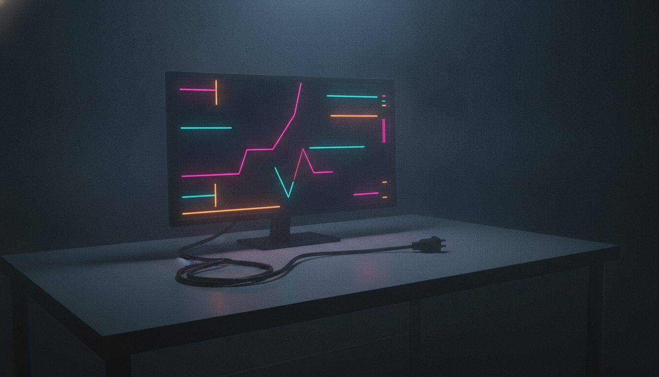 Editorial illustration: A dark computer screen glow illuminating an empty desk with a single unplugged cable
