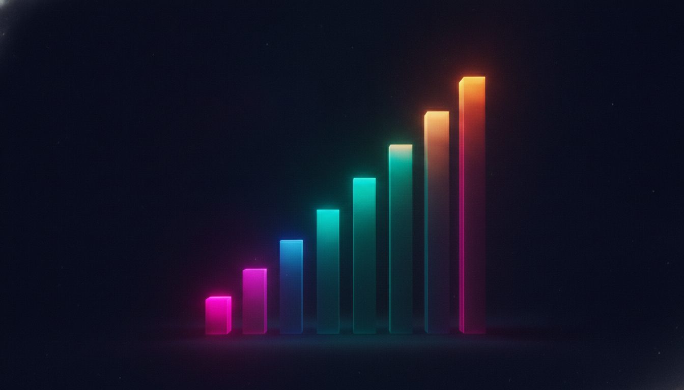 Editorial illustration: An abstract rising bar chart made of neon light bars against a dark background
