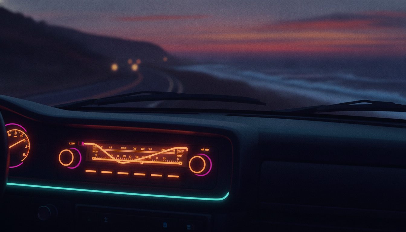Editorial illustration: A car dashboard radio at dusk on a coastal road