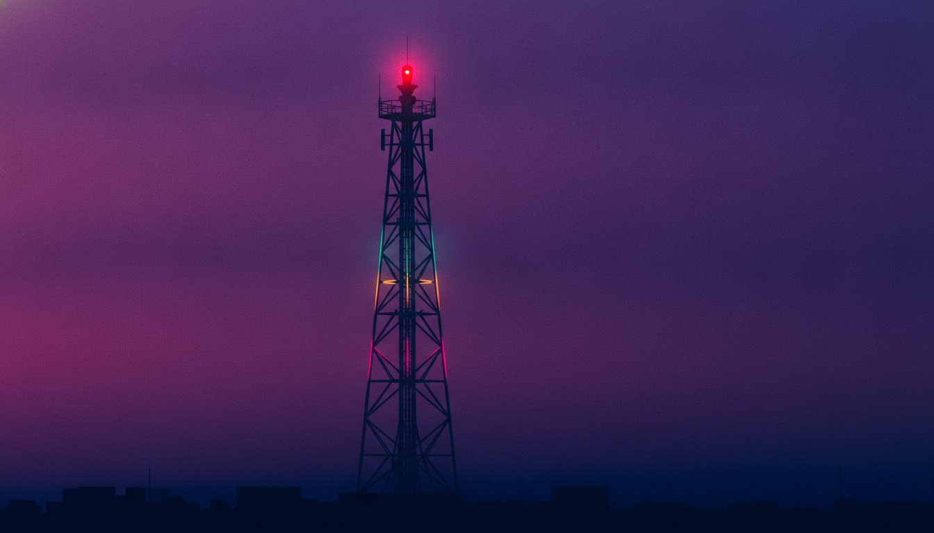 Editorial illustration: A vintage radio tower silhouette against a purple dusk sky with a single red beacon light
