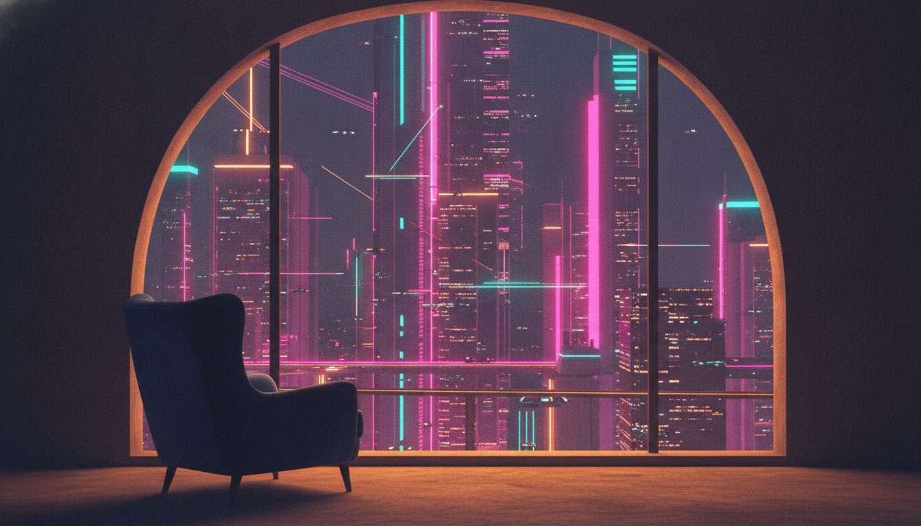 Editorial illustration: A single armchair facing a large window overlooking a neon city at night