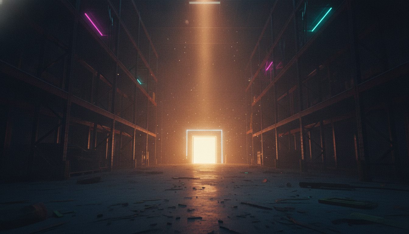 Editorial illustration: Low camera angle across a dark warehouse floor toward a lit doorway