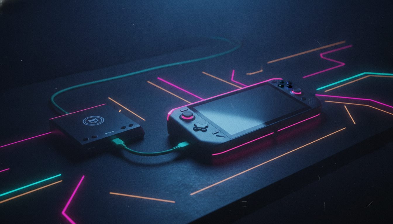 Editorial illustration: A handheld gaming PC resting on a desk beside a docking station