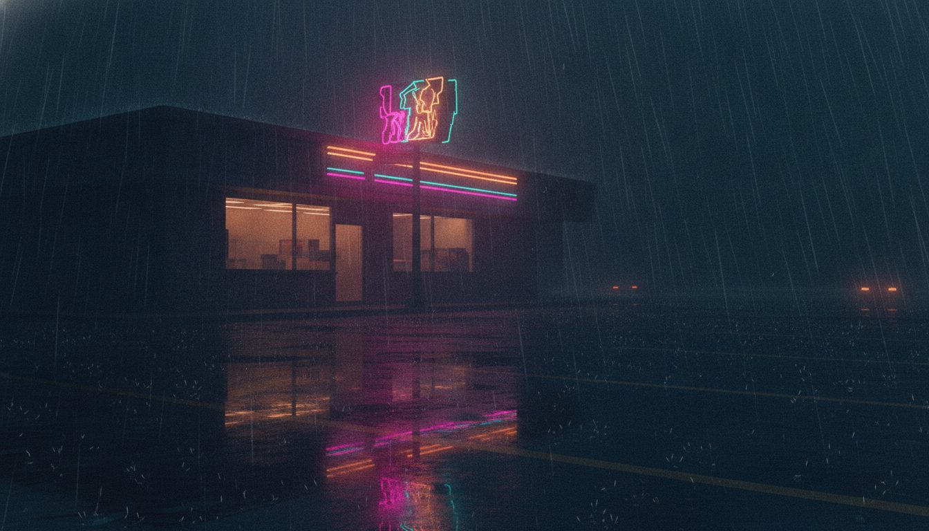 Editorial illustration: A convenience store parking lot at night in heavy rain