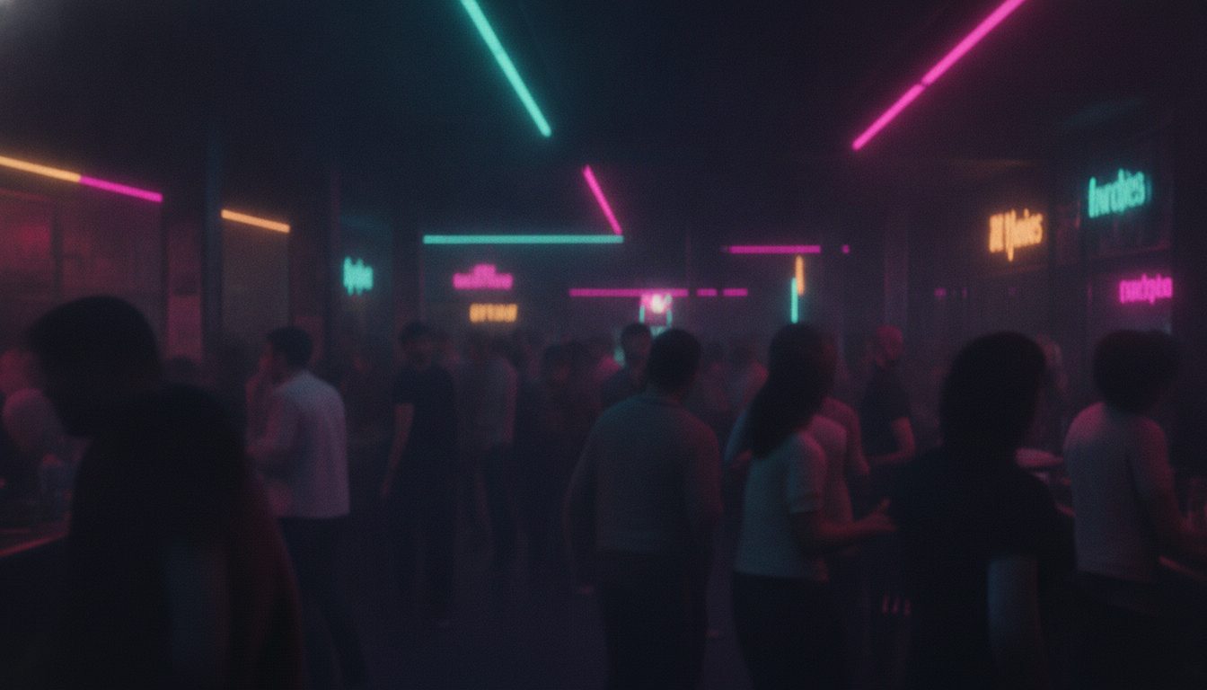 Editorial illustration: A crowded neon-lit bar interior with anonymous blurred figures