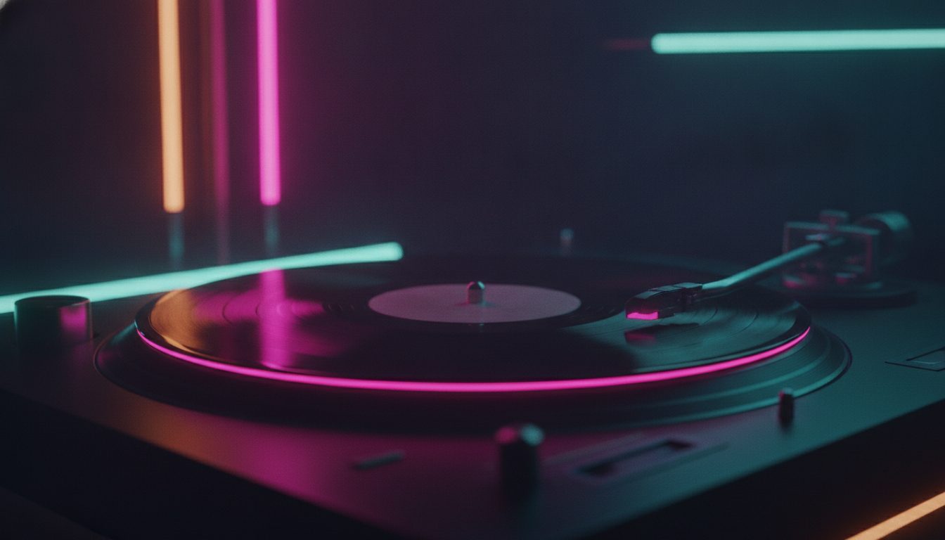 Editorial illustration: A vinyl record spinning on a turntable lit by warm neon