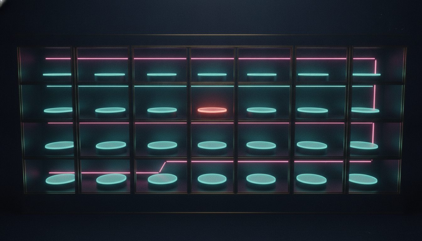 Editorial illustration: A dark display cabinet with rows of empty glowing pedestal spotlights waiting for trophies