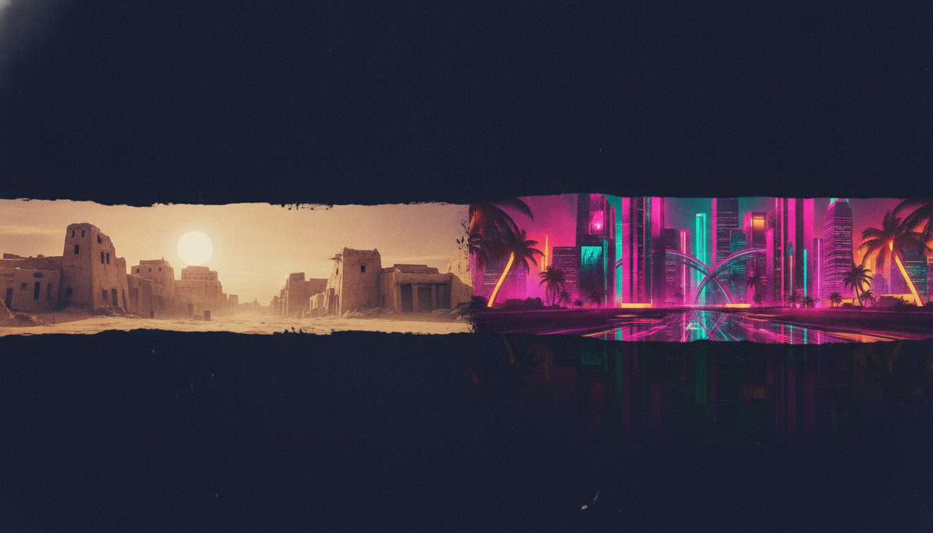 Editorial illustration: Split-screen composition contrasting a sun-bleached western city skyline with a neon tropical skyline