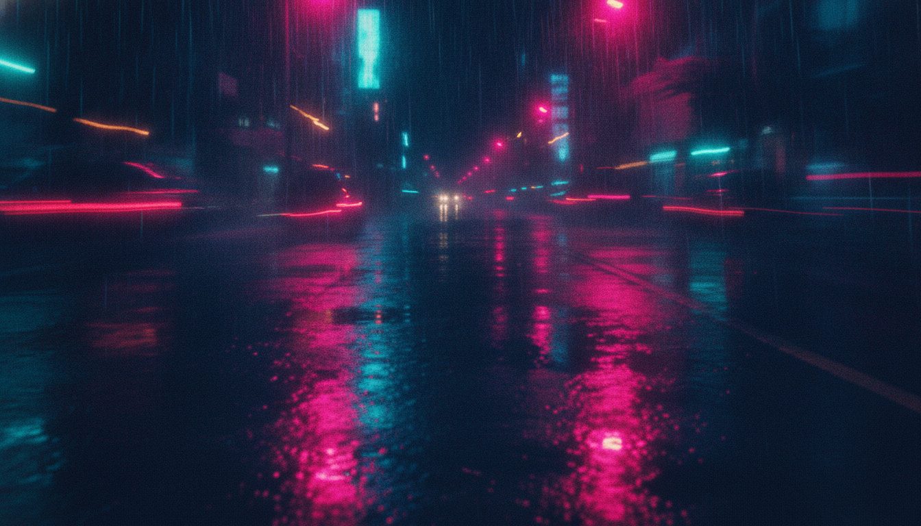 Editorial illustration: Blue and red police lights reflected on a wet Miami street at night through heavy rain