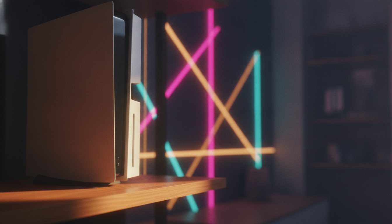 Editorial illustration of a compact games console on a shelf