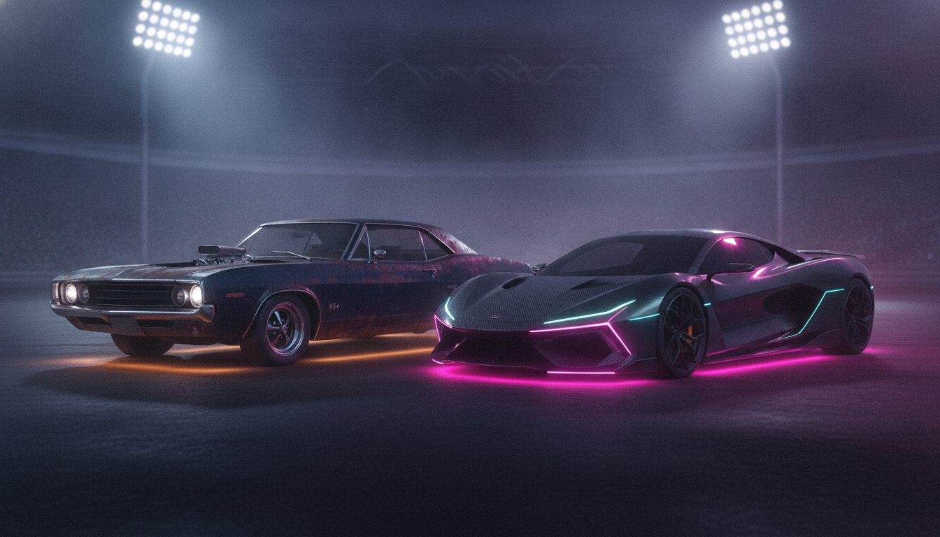 Editorial illustration: A weathered classic muscle car parked beside a brand new sports car under stadium lights