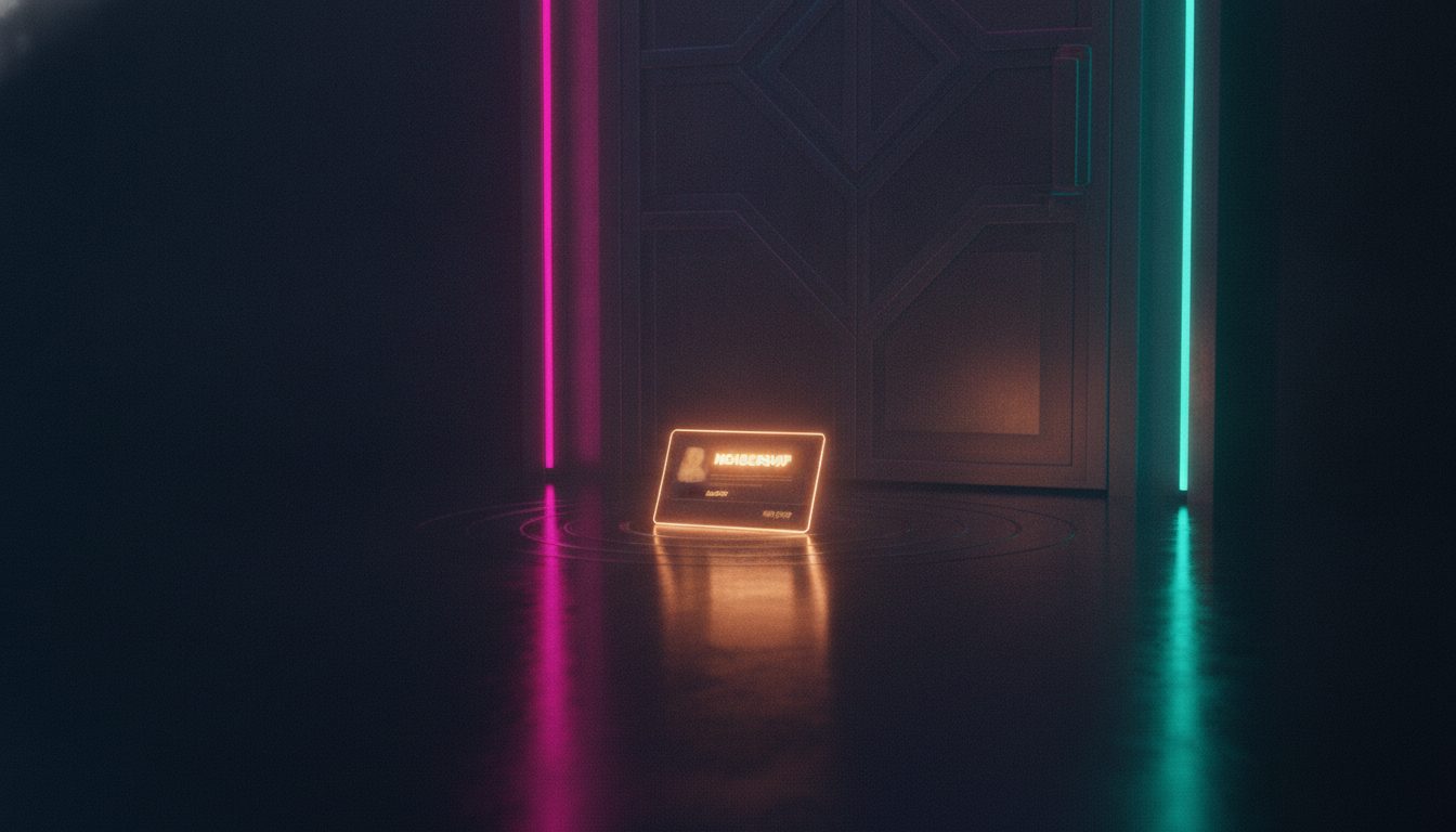 Editorial illustration: A single glowing membership card lying on a dark reflective surface beside a closed door