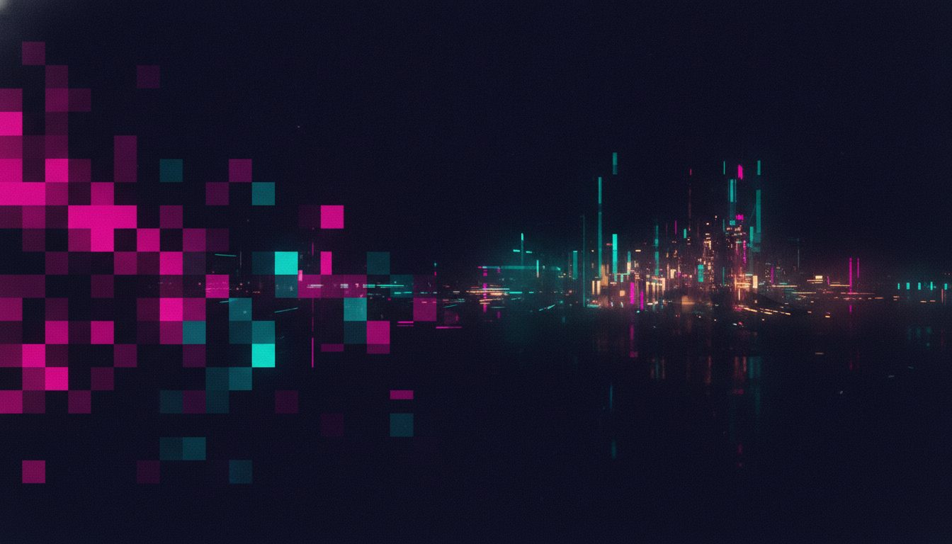 Editorial illustration: An abstract visual progression from coarse pixel grid to photoreal city lights across a horizontal composition